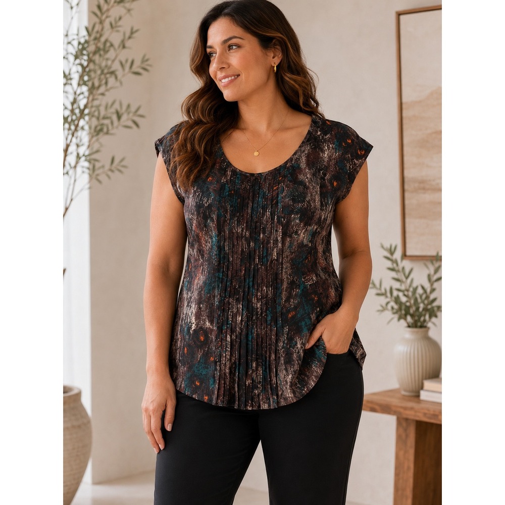 Talbots Women Top Black Abstract Pleated Front Cap Sleeve Shell ‎ Size 8 NWT